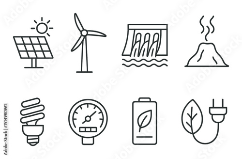 Sustainable energy outline icons set – eco, renewable and green power symbols