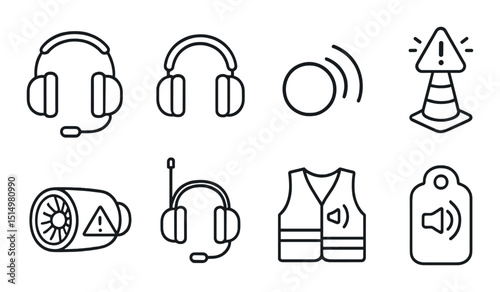 Airport crew gear linear icons set – outline, aviation safety and equipment symbols