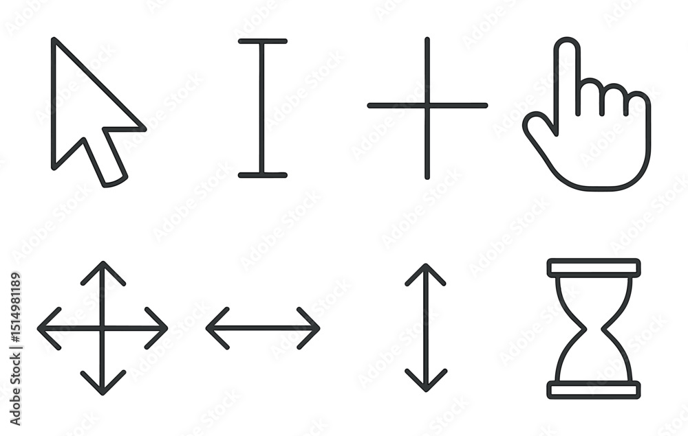Basic cursor types line icons set – outline, navigation and pointer symbols