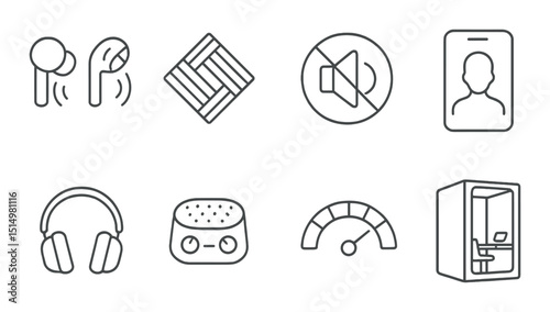 Office noise control line icons set – outline, sound management and workplace quiet symbols