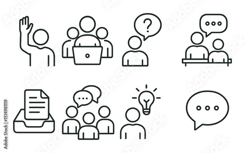 Class participation outline icons set – linear, discussion and communication symbols