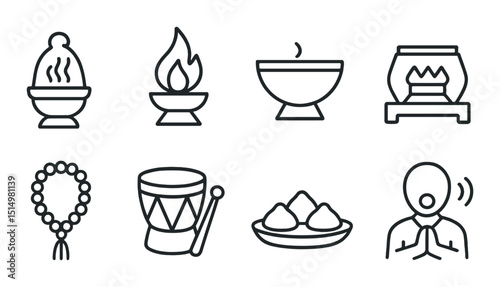 Ritual objects outline icons set – simple spiritual and ceremonial symbols collection