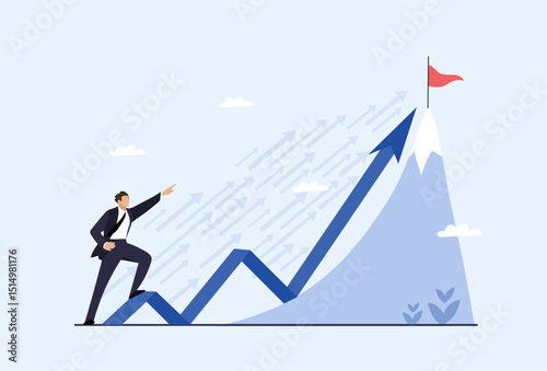 Businessman pointing at target, achievements in business. Leadership, business growth and development concept, flat vector cartoon illustration.
