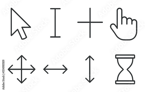 Basic cursor types line icons set – outline, navigation and pointer symbols
