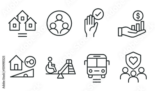 Community inclusion outline icons set – simple, accessibility and diversity symbols