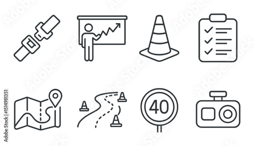 Fleet safety line icons set – outline, transportation and road safety symbols
