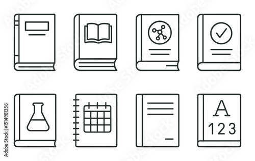 Academic book outline icons set – education, learning and study symbols