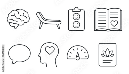 Mental health outline icons set – wellness, therapy, and mindfulness symbols