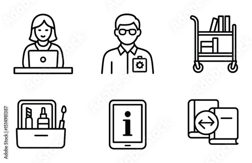 Library services icons set – outline, reading and information symbols for catalogs