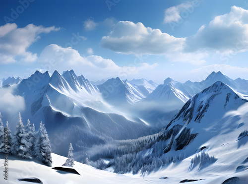 Snowy mountains in winter amidst nature in a pine forest