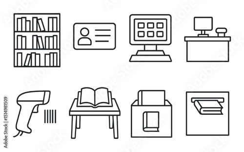 Library linear icons set – outline, catalog and book organization symbols