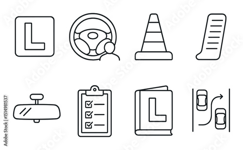 Driving school essentials line icons set – outline, learning and safety symbols