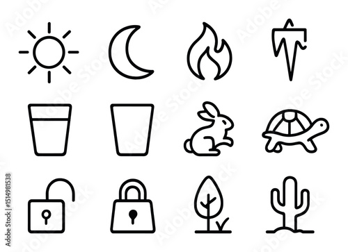 Opposites line icons set – simple, minimalist contrast and duality symbols for design