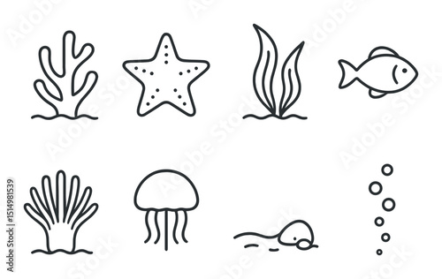 Marine ecosystem outline icons set – aquatic life, ocean symbols for sea projects