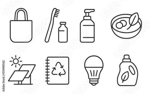 Sustainable living essentials icons set – silhouette, eco-friendly and green solutions