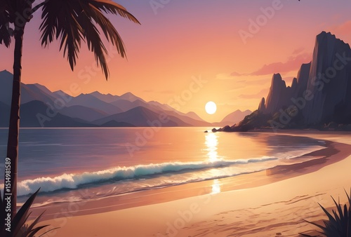 Realistic painting of sunset in the middle of the sea and mountains