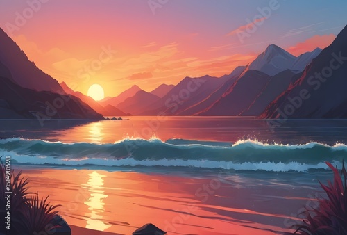 Realistic painting of sunset in the middle of the sea and mountains