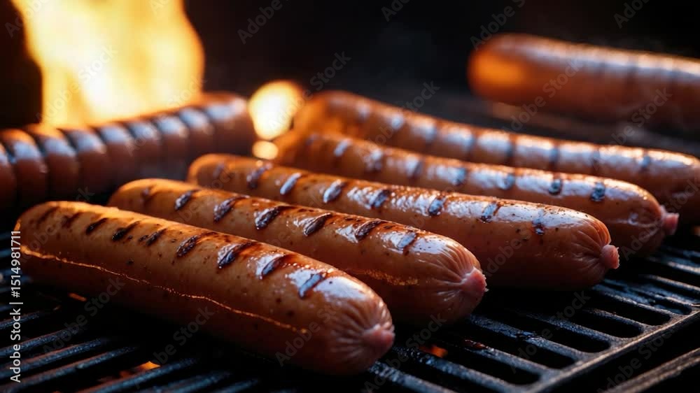 Grilled sausages sizzling on a barbecue grill, smoky flames in the background, showcasing a deliciously charred appearance with distinct grill marks across the surface.
