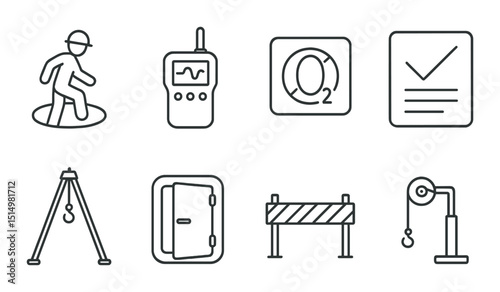 Confined space safety outline icons set – silhouette, hazard and warning symbols