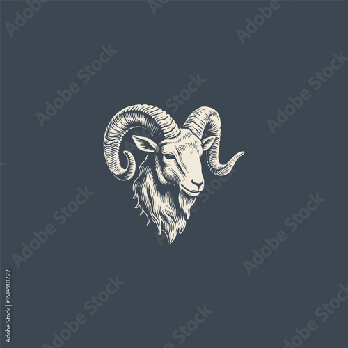 Goat head logo design template with vintage flat vector engraving style