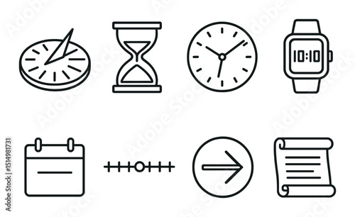 Time and evolution icons set – outline, progress, and history symbols for projects