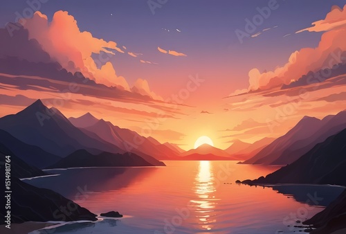 Realistic painting of sunset in the middle of the sea and mountains