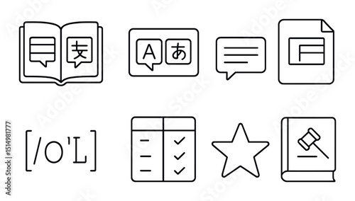 Language learning line icons set – outline, education and multilingual symbols