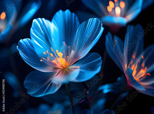Blue glowing flowers in the dark, Luminous fantasy flowers bloom at night
