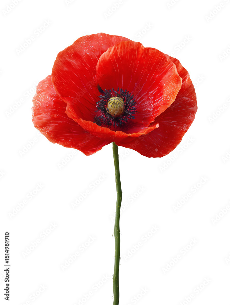 Obraz premium Isolated poppy flower for Veterans Day on a white background with vibrant red petals and a slender green stem