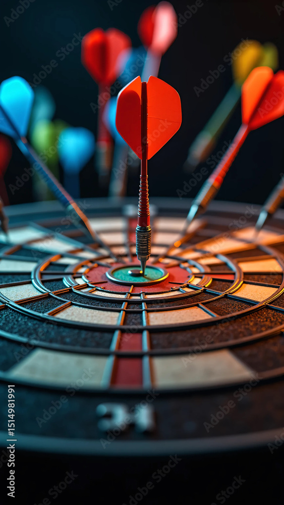 Fototapeta premium Dart Arrow Perfectly Hitting on Dartboard - Highlighting Precision, Focus, and Achievement with Realistic Lighting, Depth, and Strategic Composition for Success and Goal Concept