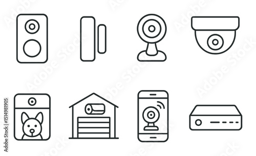 Home security linear icons set – outline, surveillance and protection symbols