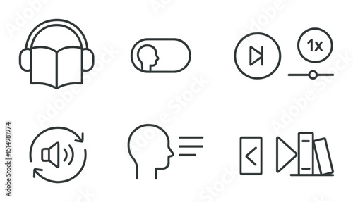 Audiobook interface outline icons set – linear, listening tools and playback controls
