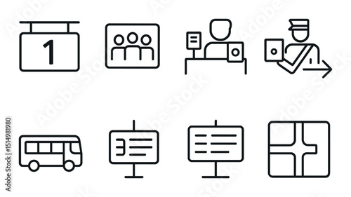 Airport and travel outline icons set – silhouette, transit and departure symbols