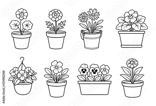 Potted flower silhouette icons set – outline, botanical and plant design elements