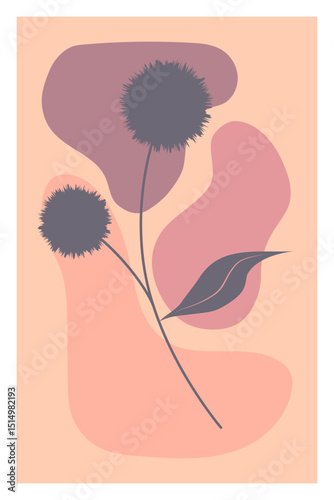 Minimalist abstract floral art with soft pink and peach tones, featuring two fluffy round flowers and a single stylized leaf
