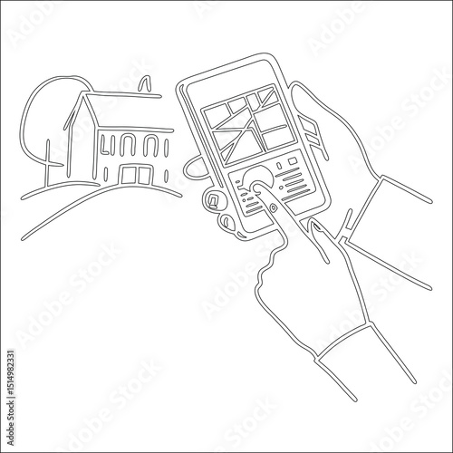 Hand-drawn architectural house plan sketch with construction blueprint elements and 3D building design concept vector illustration