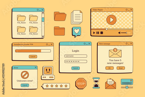Hand-drawn retro computer pop-up interface, prompt box, message box UI design vector illustrations