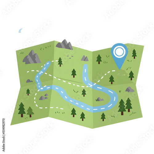 A colorful cartoon map unfolded, showing mountains, forests, rivers, and a marked location with a pin.