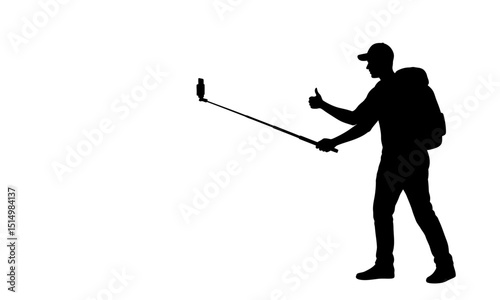 Man using selfie stick silhouette travel and social media