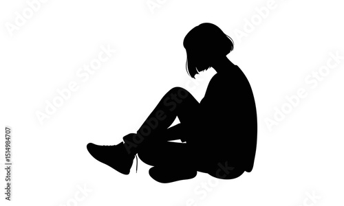 Sad girl sitting alone silhouette on floor vector illustration