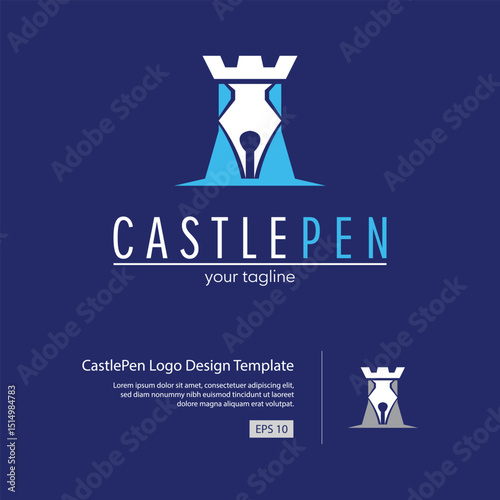 Castle Pent logo template with a pen shape that combined with a castle and with a blue dominant color.