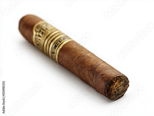 A cigar with gold stripes on the tip, isolated on a white background. The brand is Arturo Fuente, a Cuban smoking luxury product. Top view. High-resolution photography. Stock photo, high-definition re