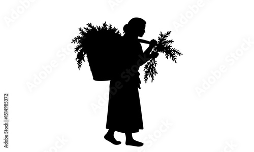Woman carrying basket of herbs silhouette traditional lifestyle