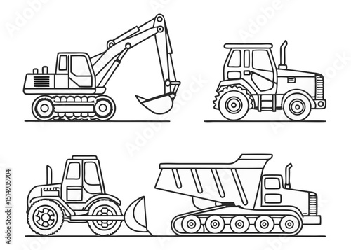 Heavy Equipment Coloring Book Page – Line Art Illustration of Construction Vehicles for Kids Drawing Book and Educational Activity