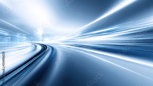 Abstract blue light trails create sense of speed and motion, evoking feelings of energy and dynamism in futuristic setting. smooth curves and bright lines enhance visual impact
