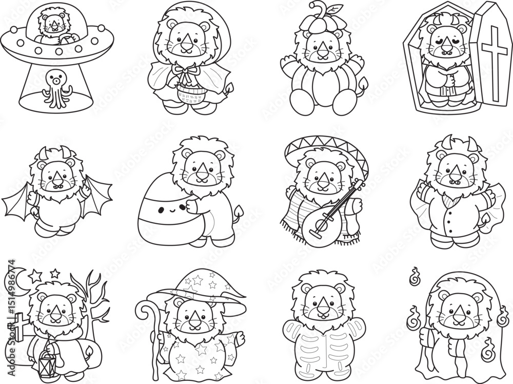 Obraz premium Coloring book of Cute Lion icon. Outline of Funny baby Lion animal series stock illustration. life of fluffy Lion designs. 
