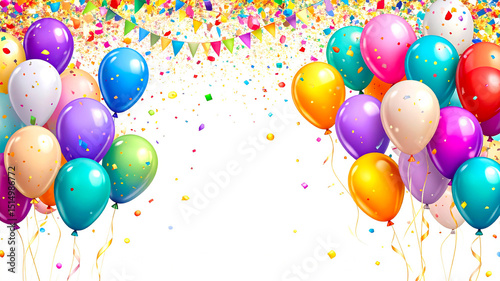 colorful party balloons with confetti isolated on transparent background. Party holiday background with text space. Birthday invitation card