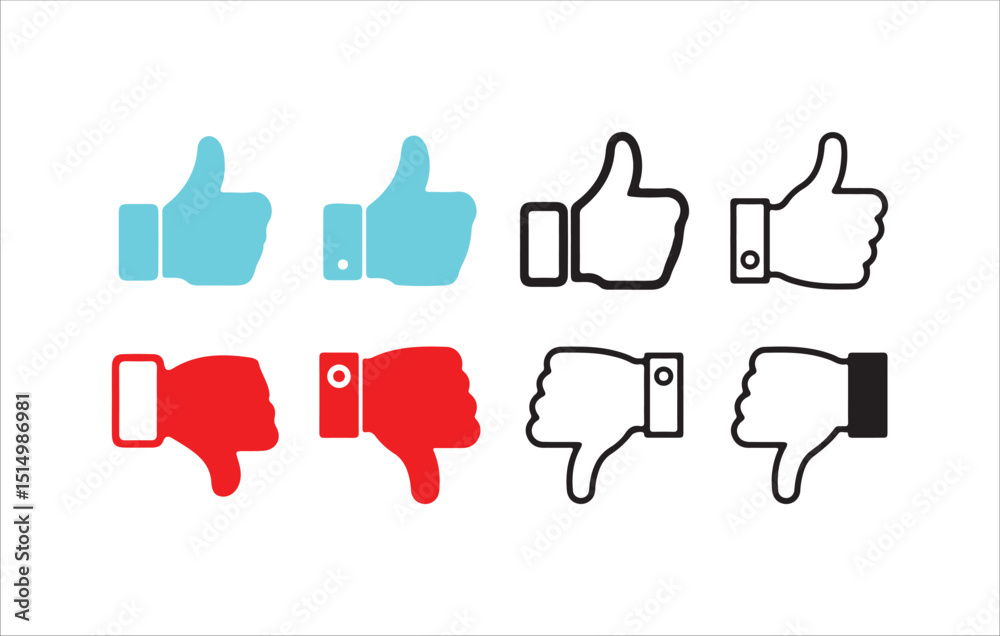 Obraz premium Color and Outline Thumbs Up and Down Icons Set – Vector Feedback Symbols in Red, Blue, and Black. Victor illustration eps 10.