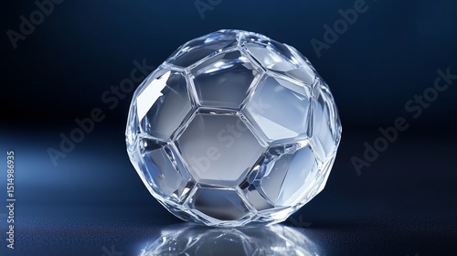 Crystal soccer ball on a dark blue background with the bright light on the edges. 6