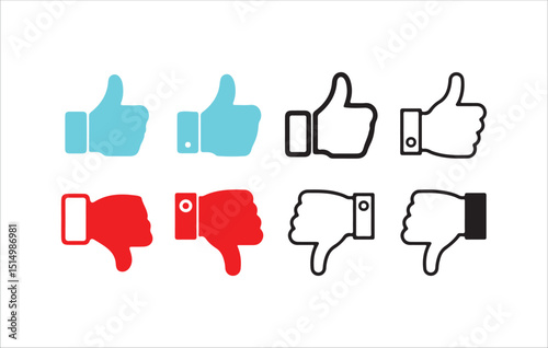 Color and Outline Thumbs Up and Down Icons Set – Vector Feedback Symbols in Red, Blue, and Black. Victor illustration eps 10.